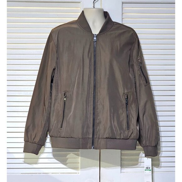 NWT Calvin Klein Men's Dark Tan Ribbed Collar Bomber Flight Jacket Sz Large 2763 - Picture 1 of 13